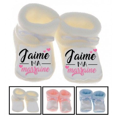 Chaussons de bébé j’aime mon parrain double cœur bleu