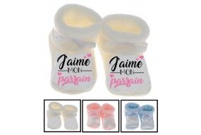 Chaussons de bébé j’aime mon parrain double cœur bleu