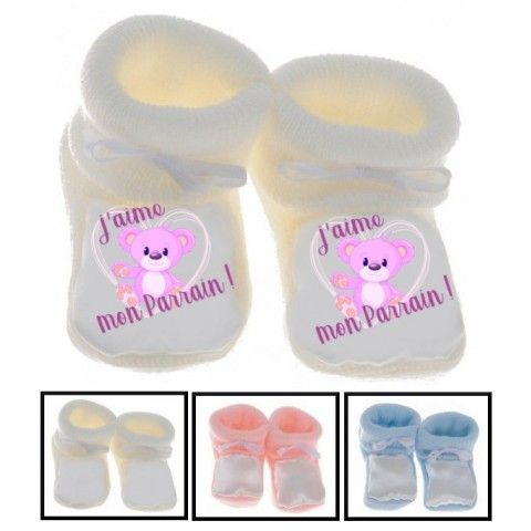 Chaussons de bébé j’aime mon parrain double cœur bleu