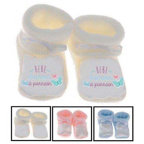 Chaussons de bébé j’aime mon parrain double cœur bleu