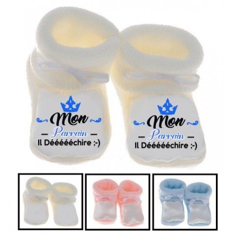 Chaussons de bébé j’aime mon parrain double cœur bleu