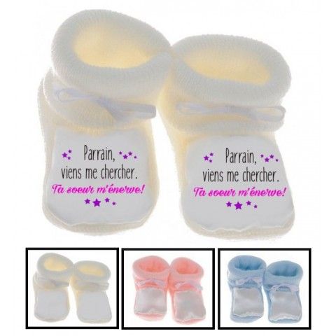 Chaussons de bébé j’aime mon parrain double cœur bleu