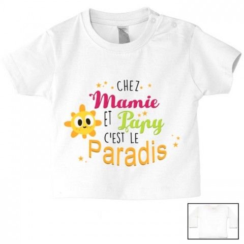 Tee-shirt de bébé chez mamie et papy c’est le paradis étoiles soleil fille