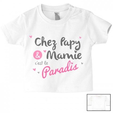 Tee-shirt de bébé chez papy et mamie c’est le paradis cœurs fille