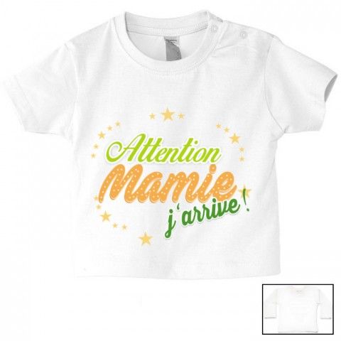 Tee-shirt de bébé attention mamie j’arrive fille