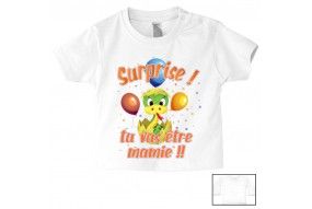 Tee-shirt de bébé surprise tu vas être mamie éclosion garçon