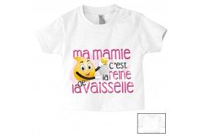 Tee-shirt de bébé ma mamie c’est la reine de la vaisselle rose