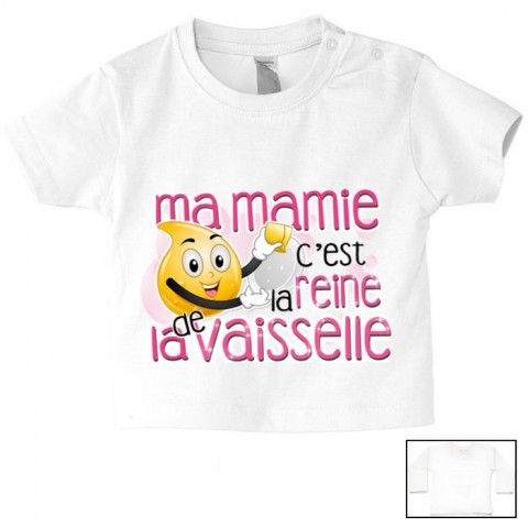 Tee-shirt de bébé ma mamie c’est la reine de la vaisselle rose