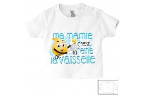 Tee-shirt de bébé ma mamie c’est la reine de la vaisselle bleu