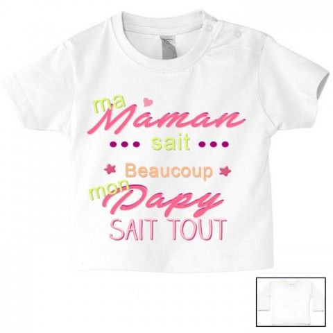 Tee-shirt de bébé ma maman sait beaucoup mon papy sait tout fille