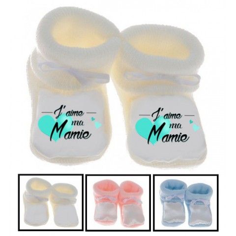 Chaussons de bébé j’aime ma mamie cœur turquoise