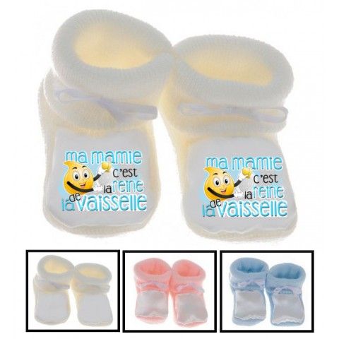 Chaussons de bébé ma mamie c’est la reine de la vaisselle bleu