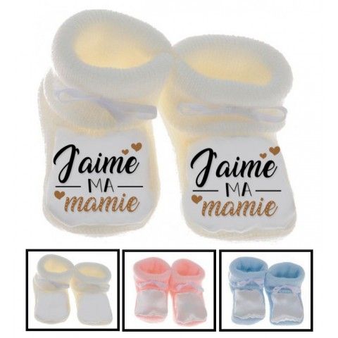 Chaussons de bébé j’aime ma mamie trois cœurs garçon